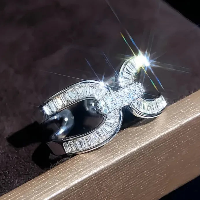 Adjustable Women's Cross Finger Ring Silver Tone Cubic Zirconia Wedding Band