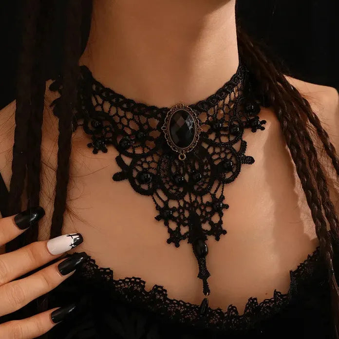Black Lace Gothic Punk Choker Necklace with Pearl Tassel Roseflower Jewelry