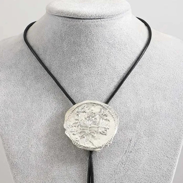Vintage Geometric Round Pendant Necklace for Women Adjustable Black Leather Cord