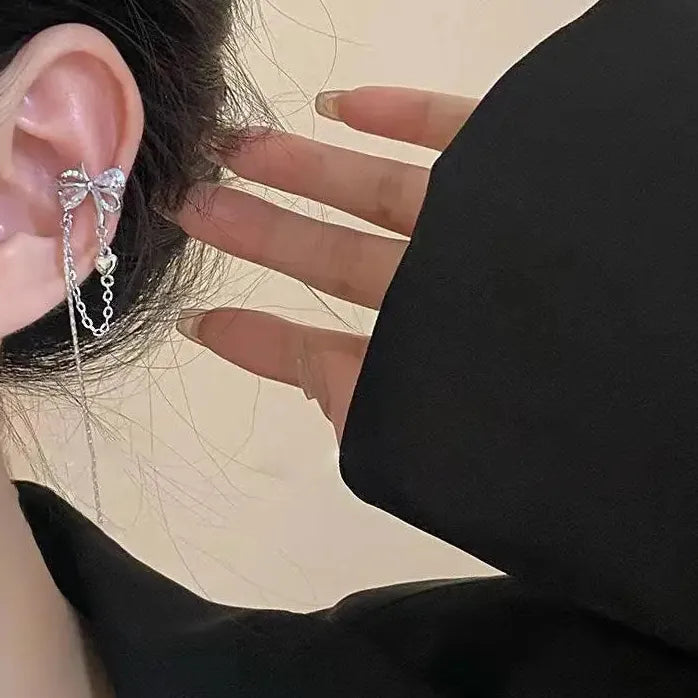 Silver Star Crystal Tassel Clip-On Cuff Earrings for Women Jewelry