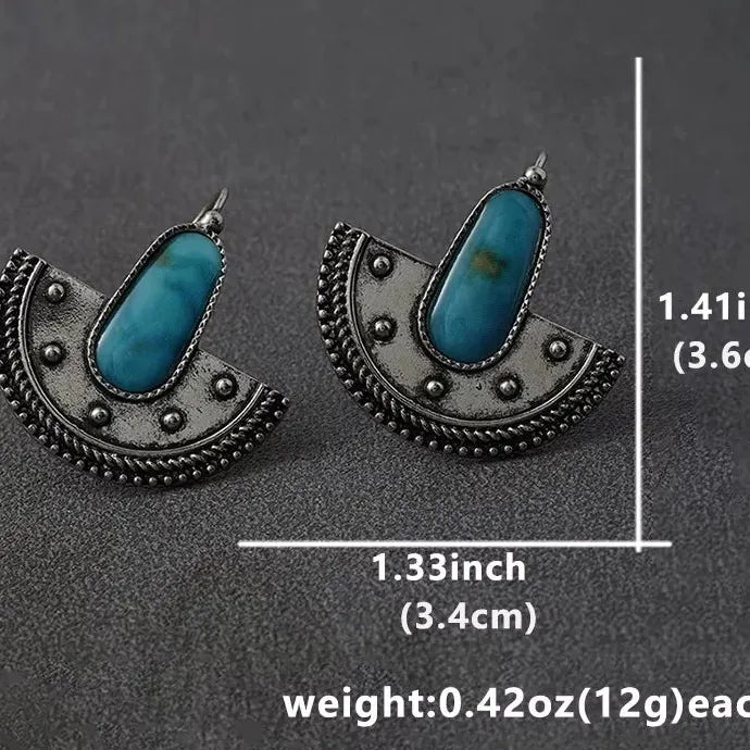 Vintage Bohemian Turquoise Stone Earrings Ethnic Fan Pendant Earhooks Gift
