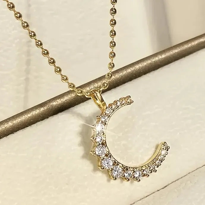 Shiny CZ Moon Pendant Necklace for Women Wedding Engagement Copper Alloy