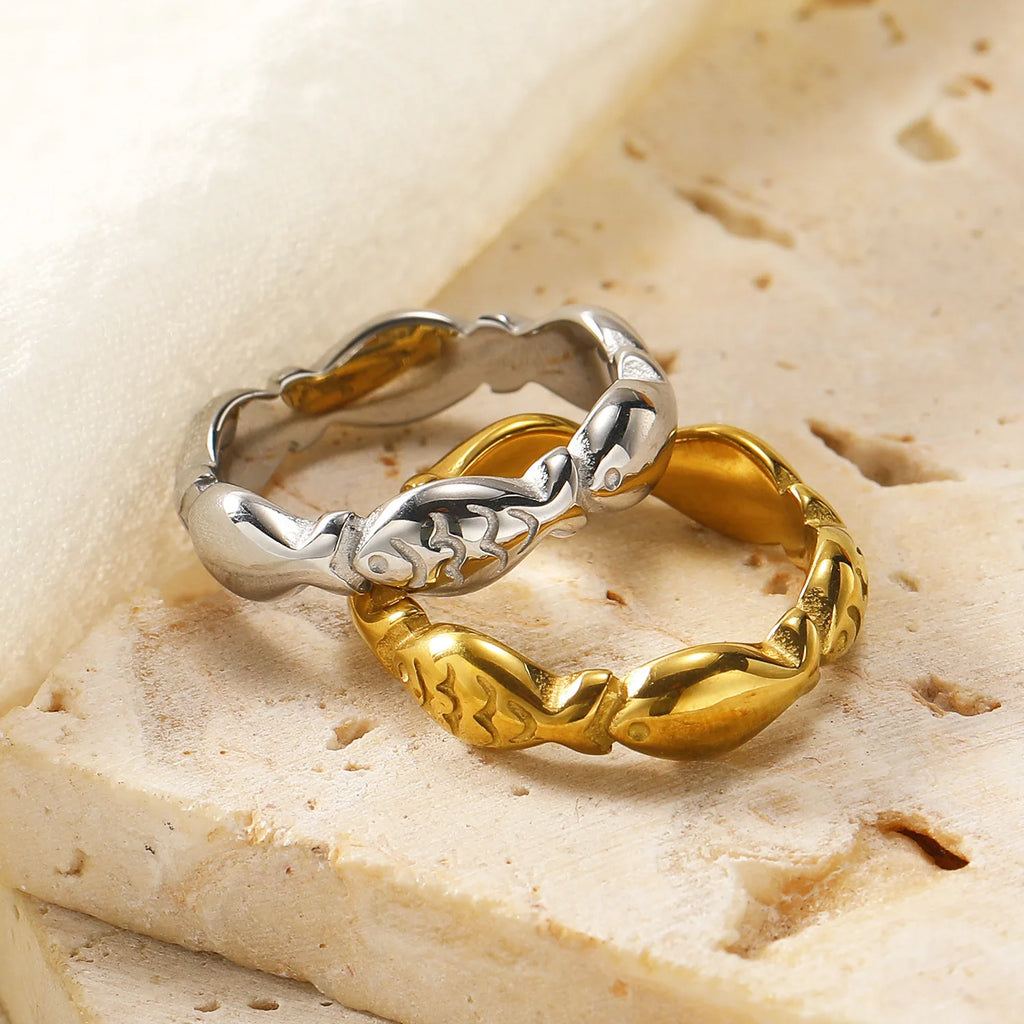 18K Gold Plated Tiny Fish Ring Stainless Steel Hypoallergenic Polished Jewelry