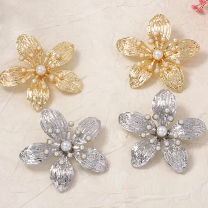 Vintage Texture Large Flower Pearl Drop Earrings for Women Jewelry Gift