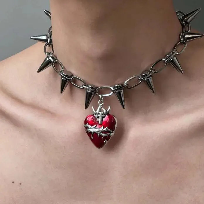 Punk Gothic Red Heart Pendant Necklace Metal Rivet Spike Choker Unisex