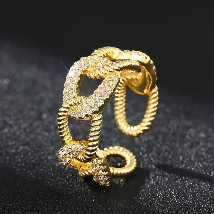 Adjustable Gold Brass CZ Chain Link Geometric Ring for Women