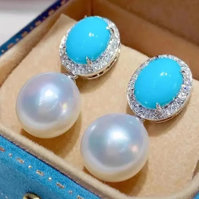 Blue Gemstone Imitation Pearl Drop Earrings for Ladies Wedding Engagement Jewelry