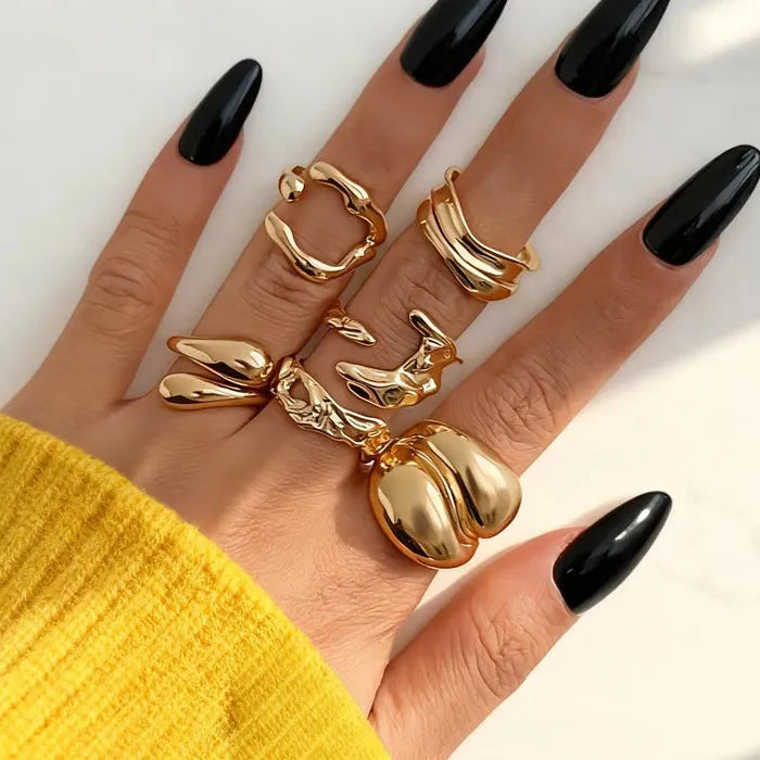 Irregular Gold Layered Metal Lava Rings Set for Women Party Jewelry Gift