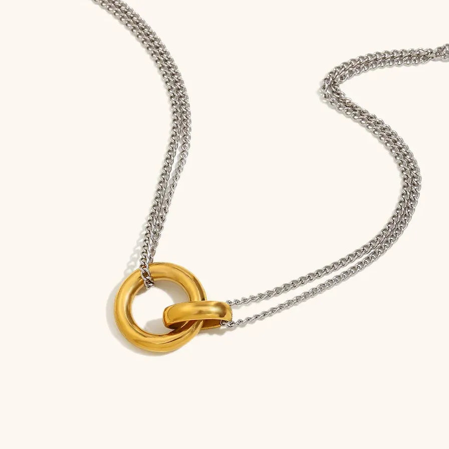 Retro Two-Tone 18K Gold Plated Circle Pendant Necklace for Women Waterproof Gift