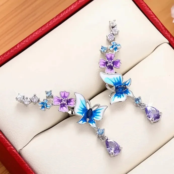 Butterfly Flower Drop Earrings with Sparkling Cubic Zirconia for Women