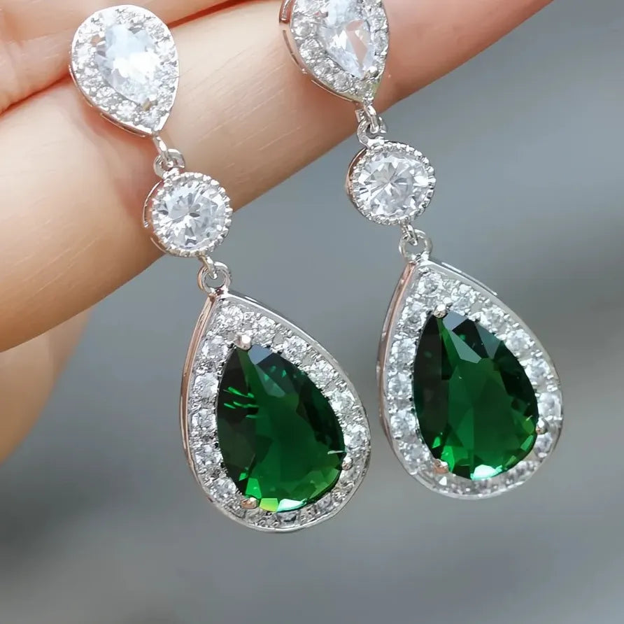 Green Cubic Zirconia Geometric Drop Earrings for Women Wedding Party
