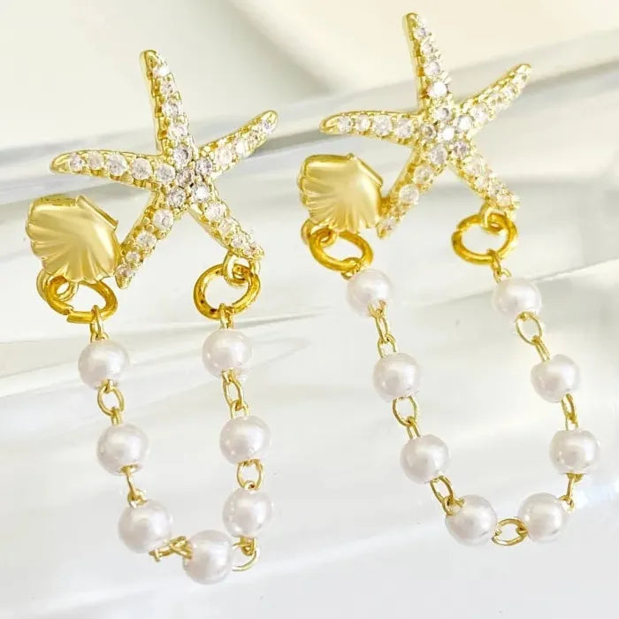 Starfish Shell Pearl Drop Earrings Zinc Alloy Bohemian Beach Jewelry Gift
