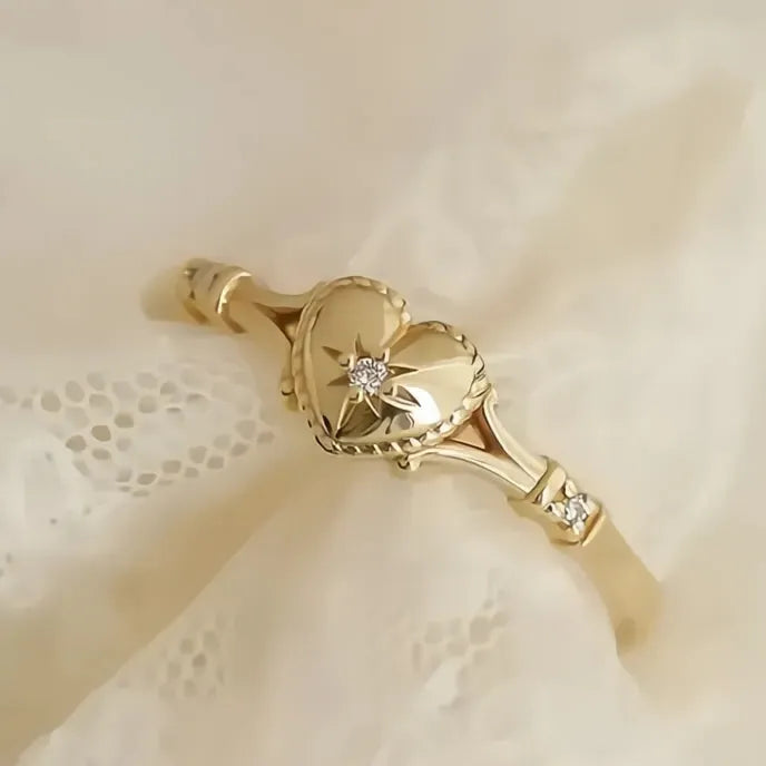 Gold Heart Ring for Women Copper Cubic Zirconia Wedding Band Engagement Jewelry