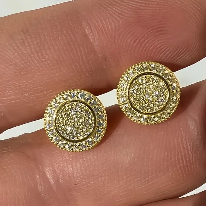 Gold Color Round Cubic Zirconia Stud Earrings for Women, Full Paved Fashion Jewelry