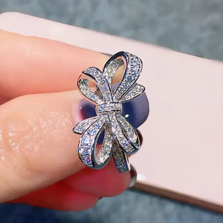 Bow Shaped Women’s Ring with Cubic Zirconia Brass Fashion Jewelry Gold Silver