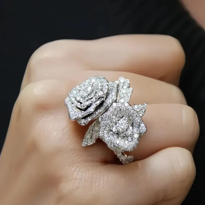 Cubic Zirconia Rose Shape Ring for Women, Brass Plant Design Wedding Band Gift
