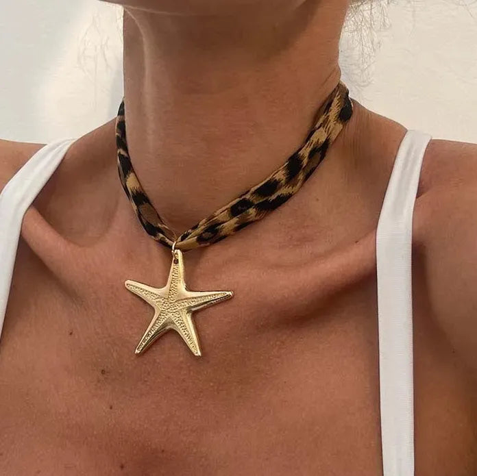 Vintage Large Starfish Pendant Necklace for Women Brown Leopard Print Rope Choker Jewelry