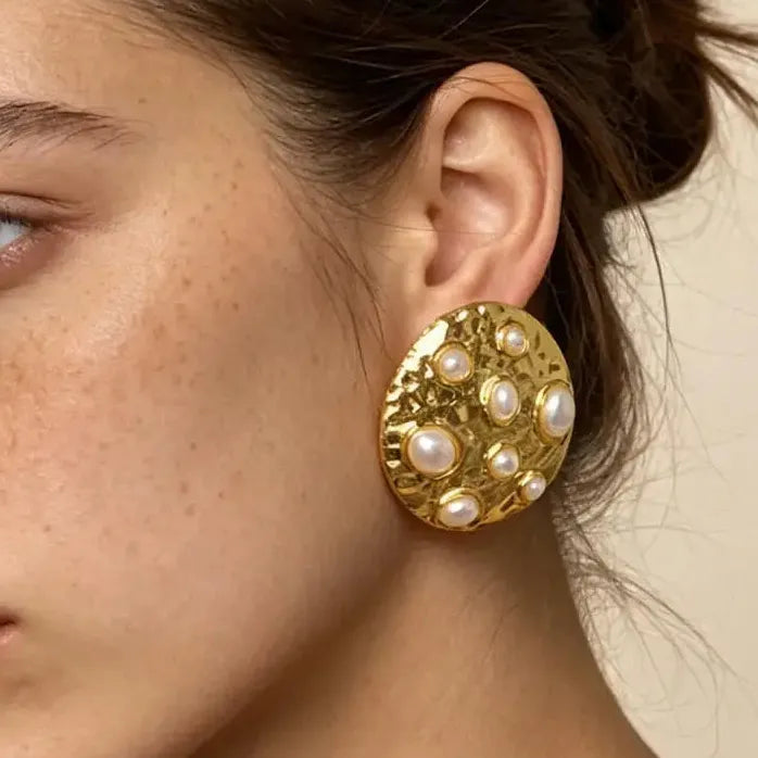 Bohemian Pearl Drop Earrings for Women Round Inlay Jewelry Gift Elegant