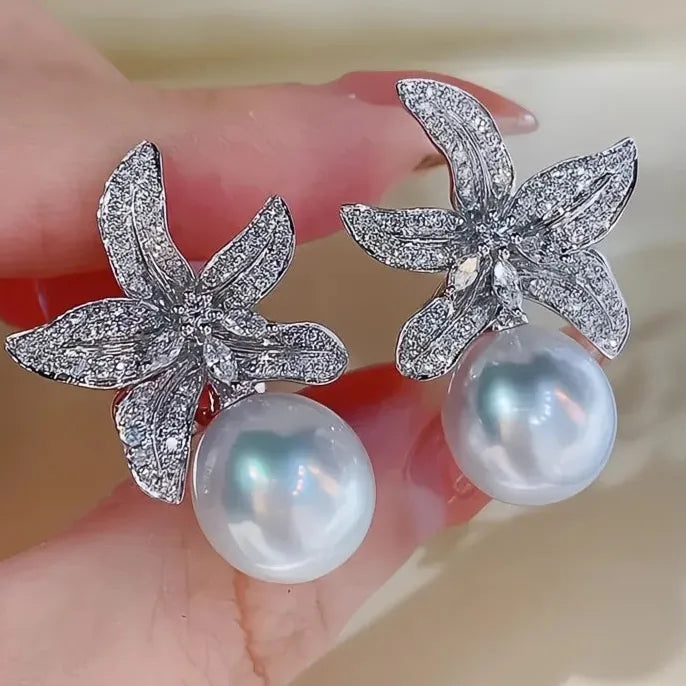 Luxury Flower Pearl Stud Earrings with Copper Alloy & CZ Stone