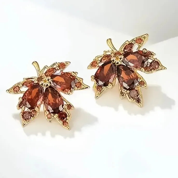 Gold Maple Leaf Stud Earrings with Cubic Zirconia Copper Alloy Jewelry for Women
