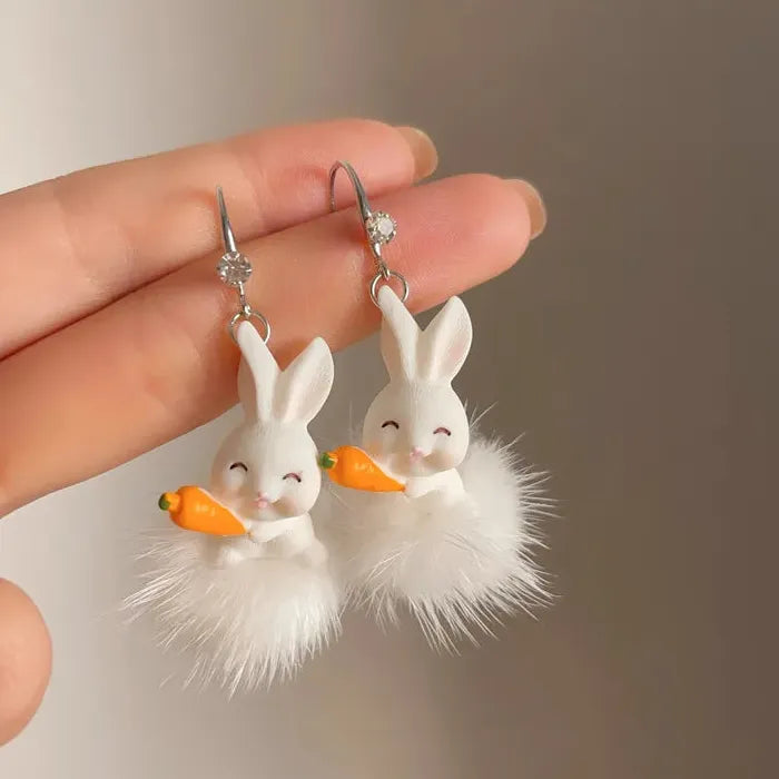 White Plush Cotton Rabbit Carrot Drop Earrings Cute Winter Gift