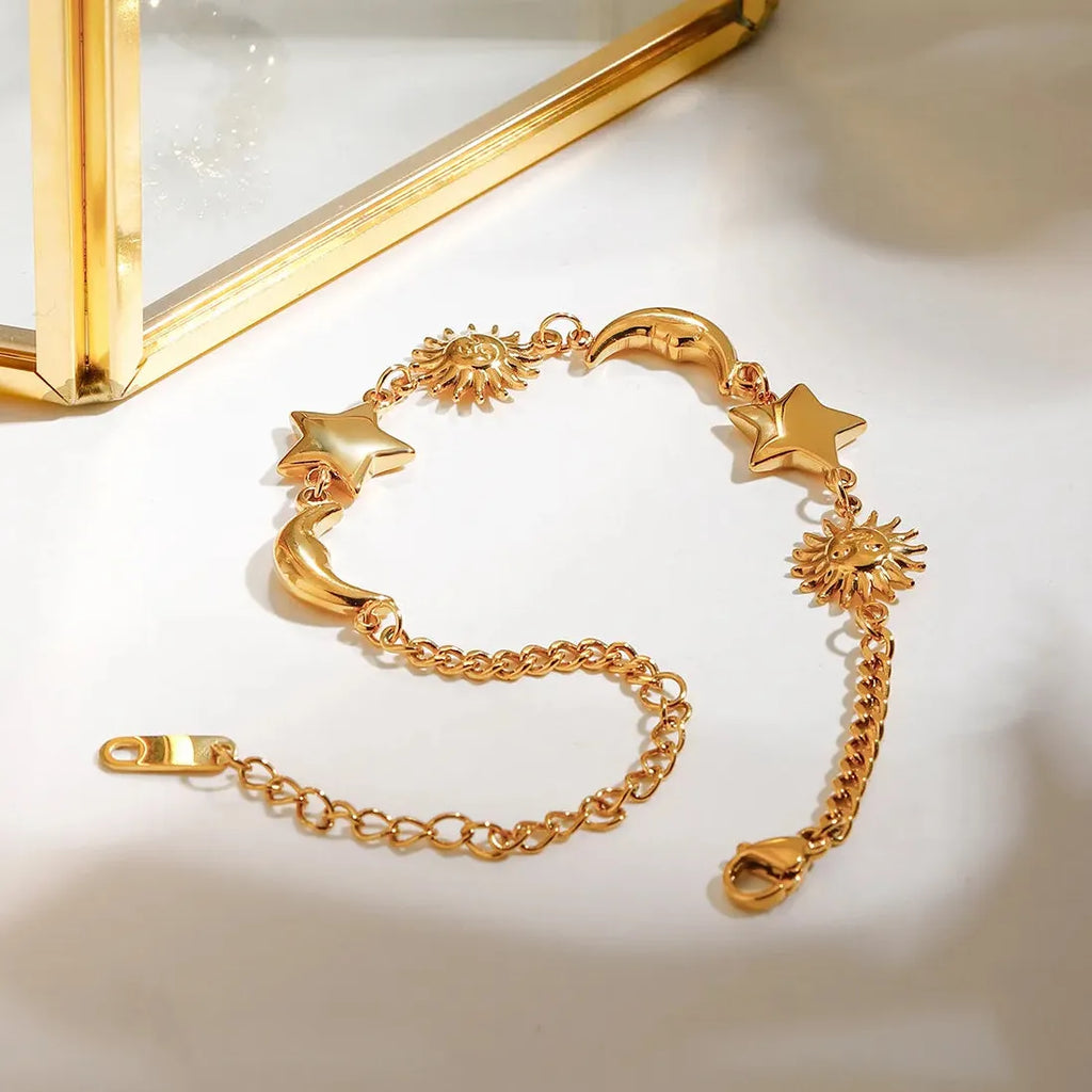 Stainless Steel Star Moon Sun Bracelet for Women Girls Gold Adjustable Chain Bangle Jewelry