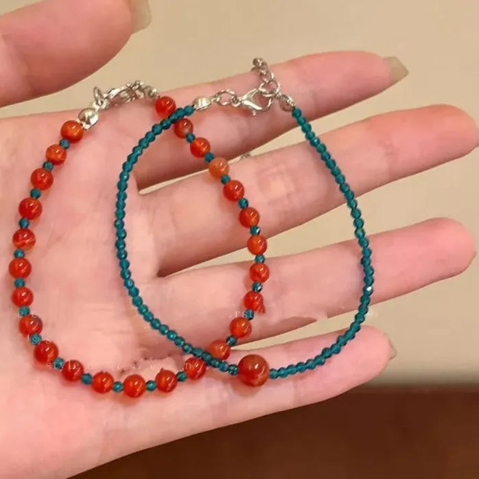 Vintage Red Blue Crystal Beaded Double-Layer Y2K Bracelet for Women Couples Jewelry