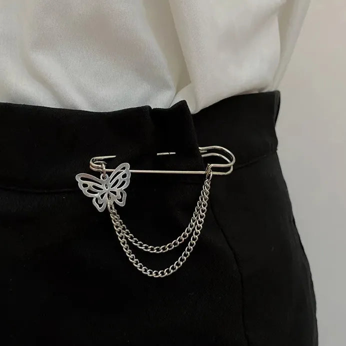 Korean Style Zinc Alloy Metal Butterfly Chain Brooch Pin for Men Women