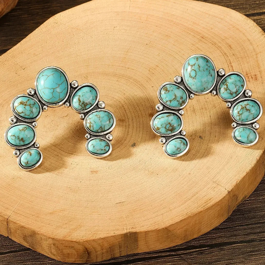 Vintage Tribal Ethnic Blue Rose Red Gemstone Zinc Alloy Earrings for Women