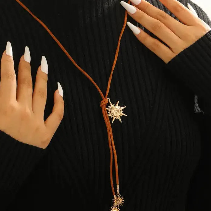 Gold Color Heart Star Sun Tassel Y-Shaped Long Pendant Necklace for Women
