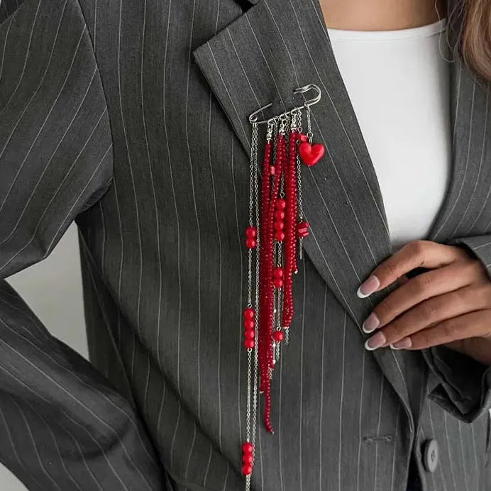 Red Crystal Heart Brooch with Tassel Chain Pendant Jewelry for Women Men