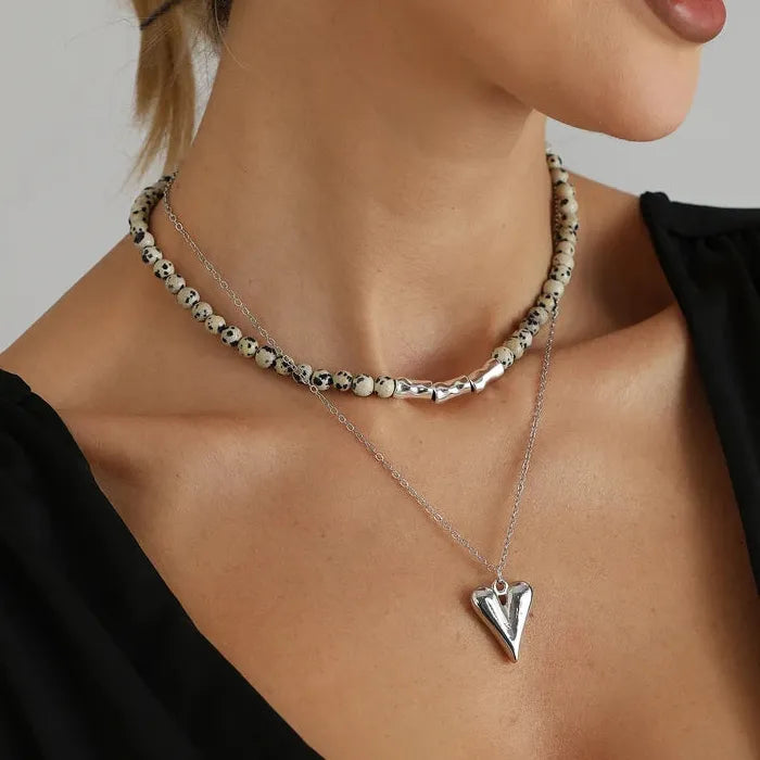 Speckled Stone Heart Pendant Necklace & Drop Earrings Set for Women