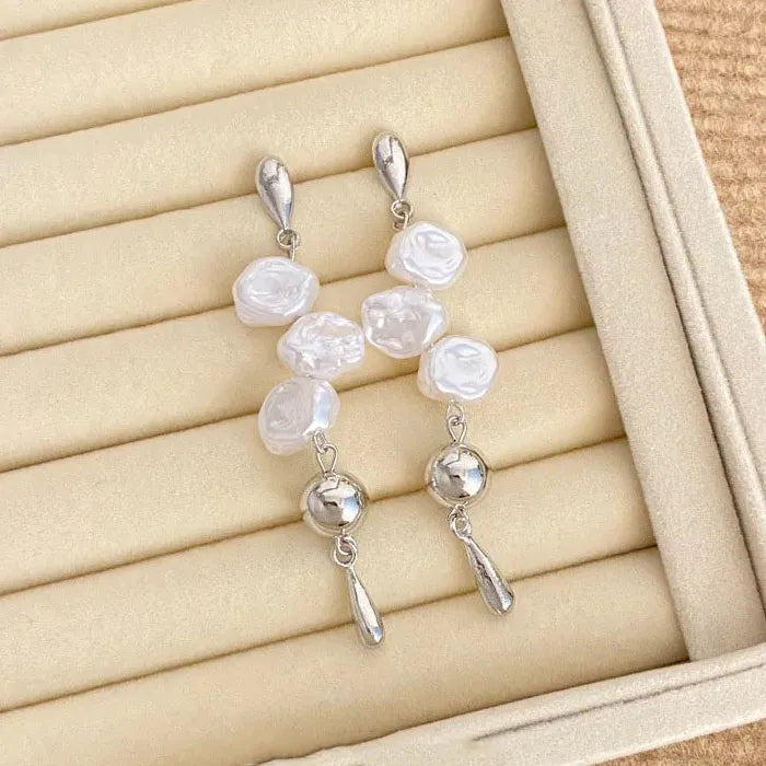 Korean Geometric Pearl Tassel Drop Earrings for Women Zinc Alloy Jewelry