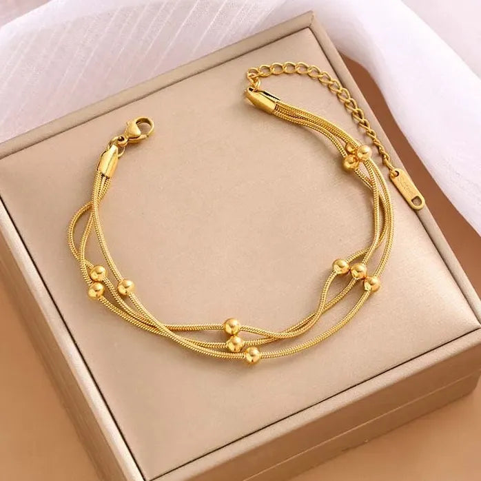 Stainless Steel Gold Beaded Round Multilayer Chain Bracelet for Women Fashion Jewelry