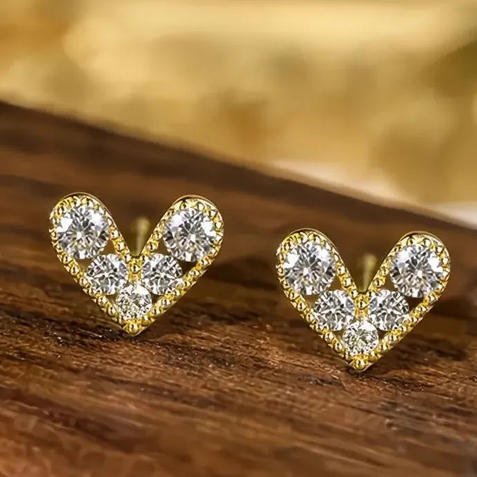 Gold Heart Stud Earrings Cubic Zirconia Love Jewelry Trendy Party Gift