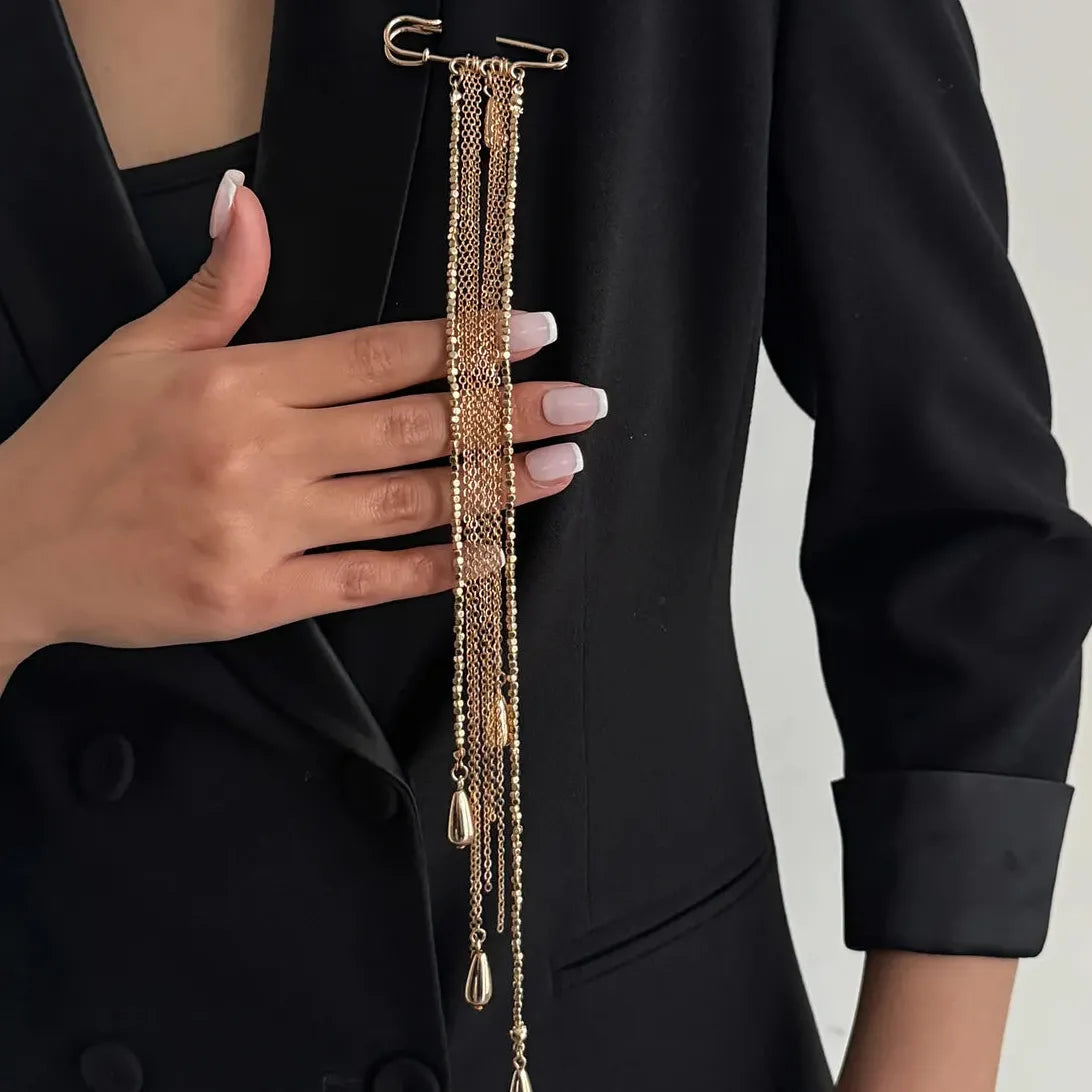 Water Drop Tassel Brooch Zinc Alloy Long Chain Pendant for Women Men
