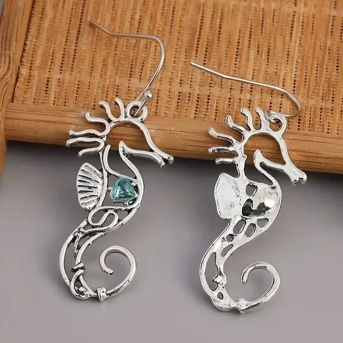 Silvery Metal Seahorse Drop Earrings Women’s Blue Zircon Zinc Alloy Jewelry
