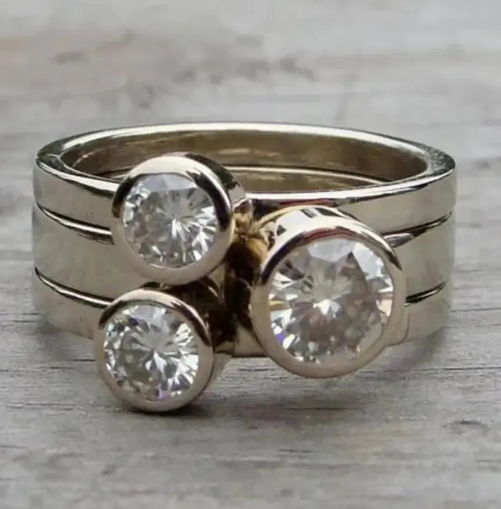 3-Piece Zinc Alloy Crystal Ring Set Boho Engagement Gift for Women Daily Wear