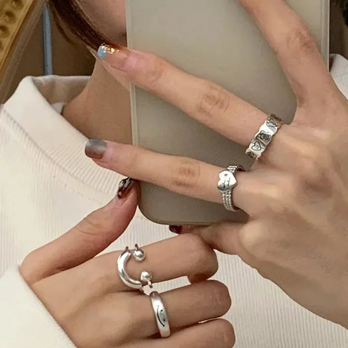 Adjustable Silver Smile Shape Ring for Women Vintage Jewelry Gift Fashion