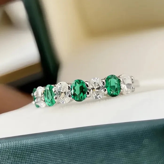 Silver Tone Green White Cubic Zirconia Wedding Band Ring for Women
