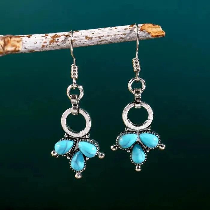 Retro Clover Turquoise Pendant Drop Earrings for Women Zinc Alloy Jewelry