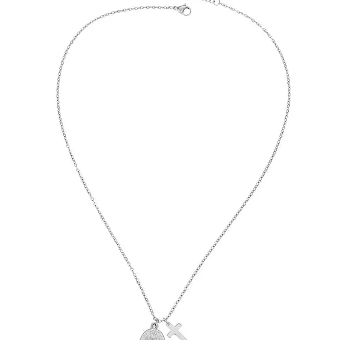 Stainless Steel Cross Pendant Necklace Retro Virgin Mary Collarbone Gift