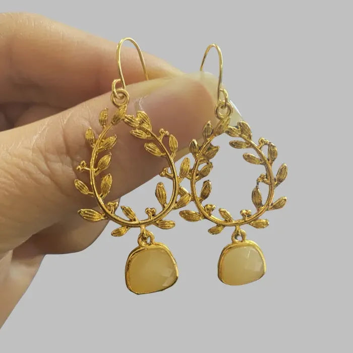 Handmade Bridal Earrings Gold Plant Branch Leaf Design Zinc Alloy Gemstone Pendant
