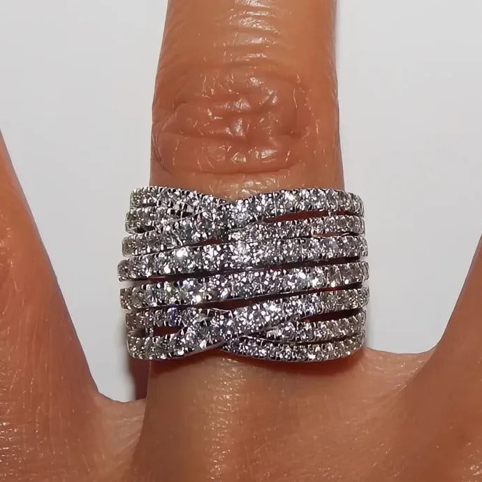 Multi-layer Wide Cross Cocktail Ring Women Silver Cubic Zirconia Jewelry