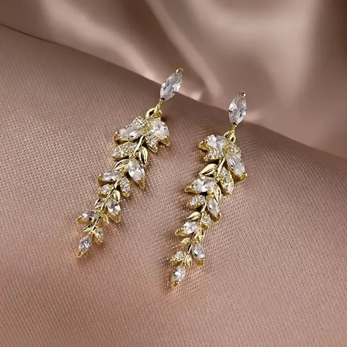 Gold Leaf Shaped Dangle Earrings with Sparkling Cubic Zirconia for Women