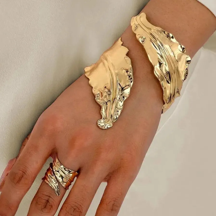 2PCS Vintage Leaf Bracelet & Adjustable Ring Set for Women Jewelry Gift