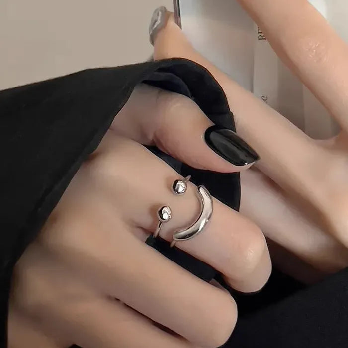 Double Layered Staggered Smile Face Open Finger Ring for Women Silver