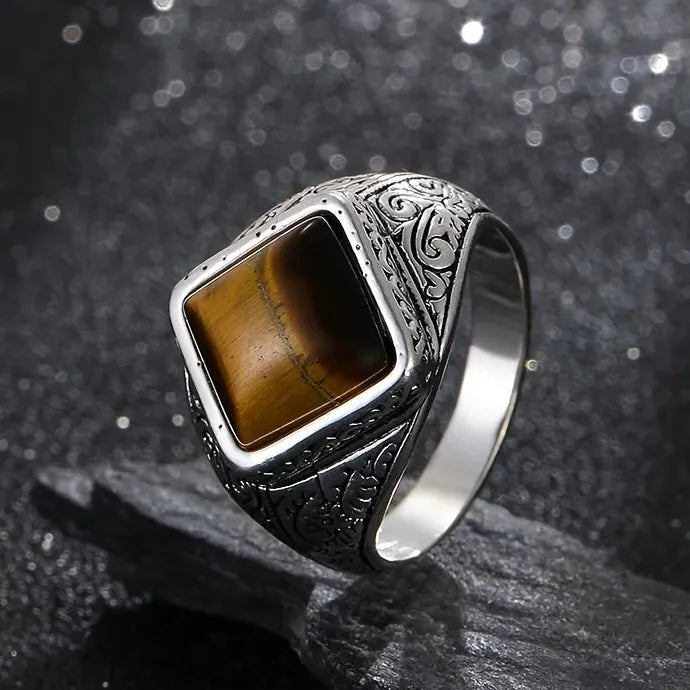 Vintage Men's Handmade Silver Signet Ring Mystic Zircon Opal Inlay Punk Biker Ring