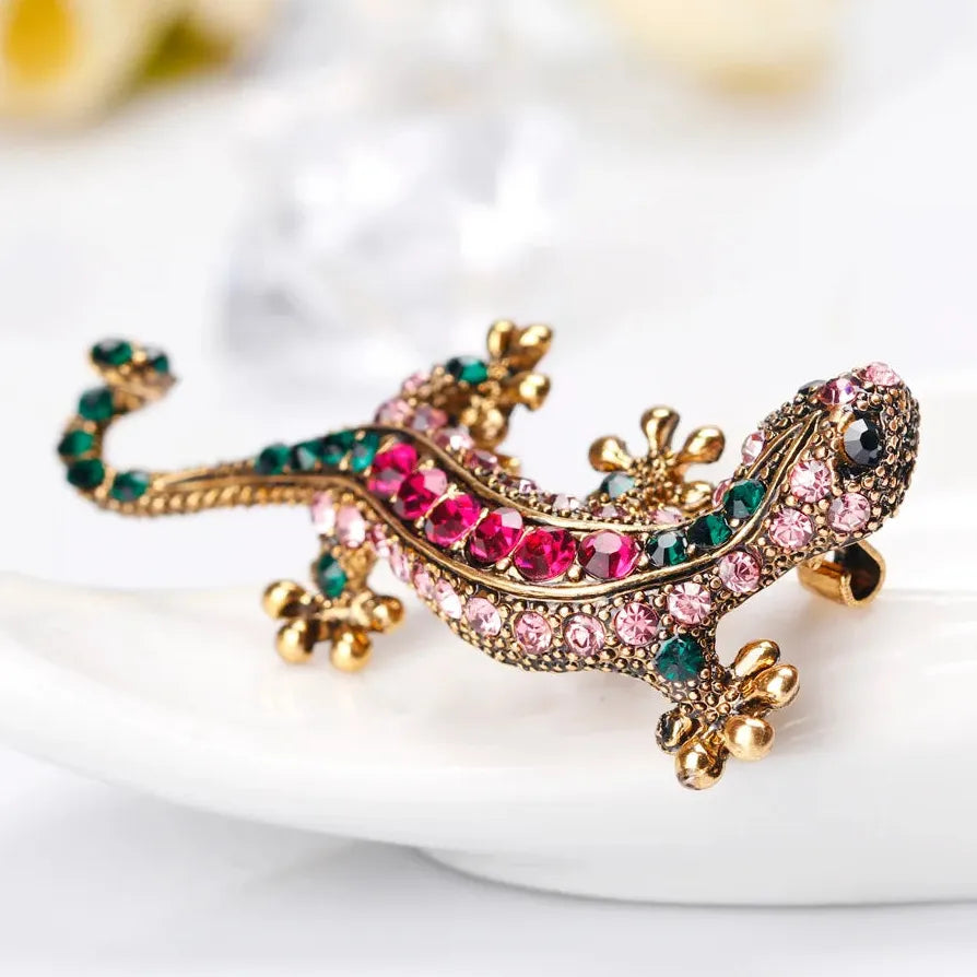 Vintage Multicolor Rhinestone Gecko Brooch Pin for Men and Women Gift