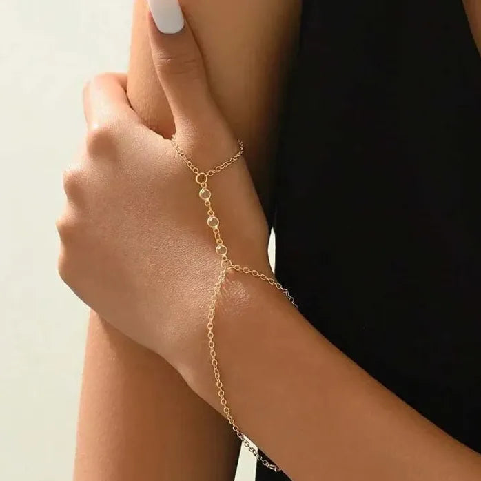 Gold Pearl Cross Hand Chain Bracelet Rings for Women Girls Jewelry Gift